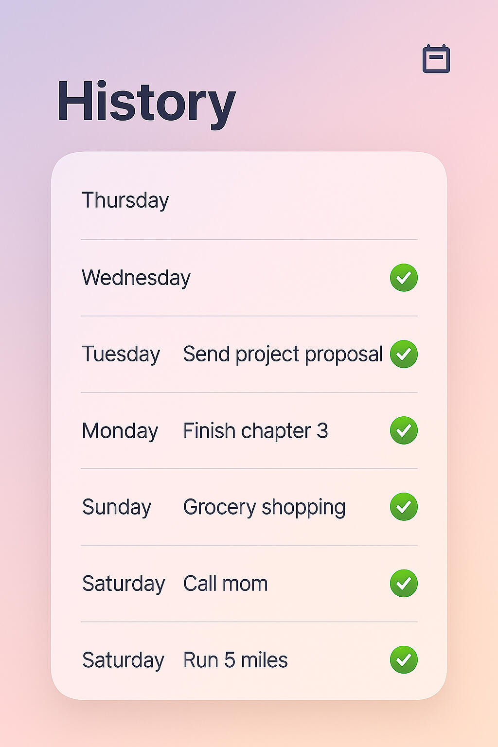 One Tab a Day screen with calendar One Tab a Day screenshots for task tracking